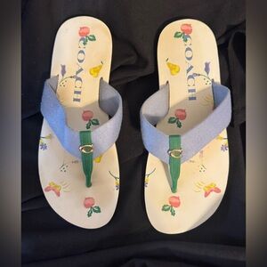 COACH' Floral Print Flip Flop Sandals in White and Green